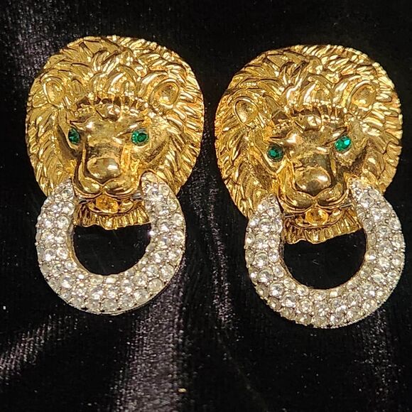 KJL Lion Rhinestone Door Knocker Earrings Clip on Kenneth Jay Lane Vtg Jewelry - Picture 3 of 8